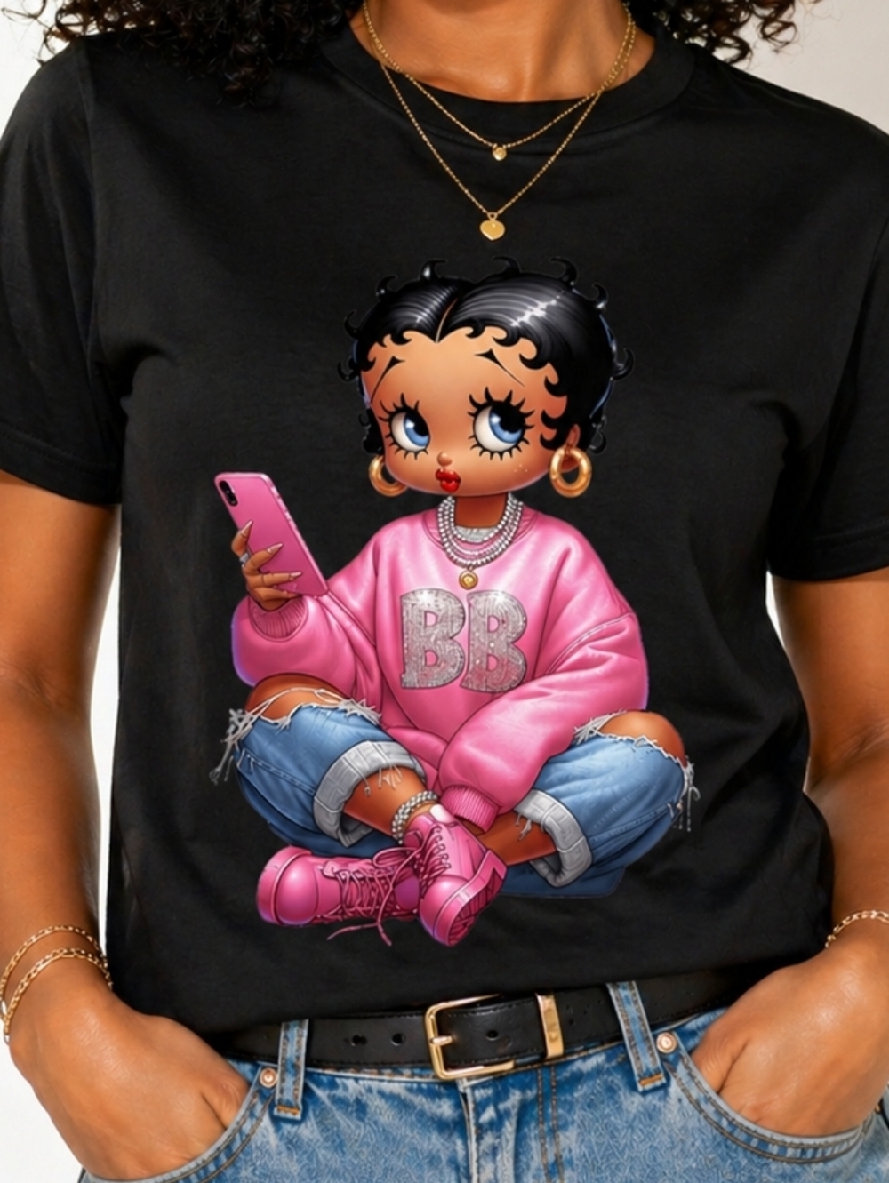 Black  Betty Boop Graphic Tee with Pink Accent
